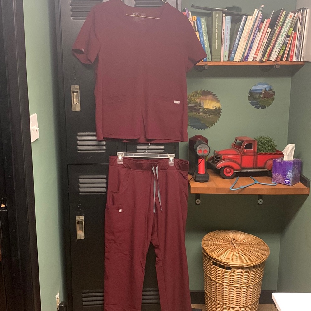 Figs burgundy set large Kane regular bottoms and casma top